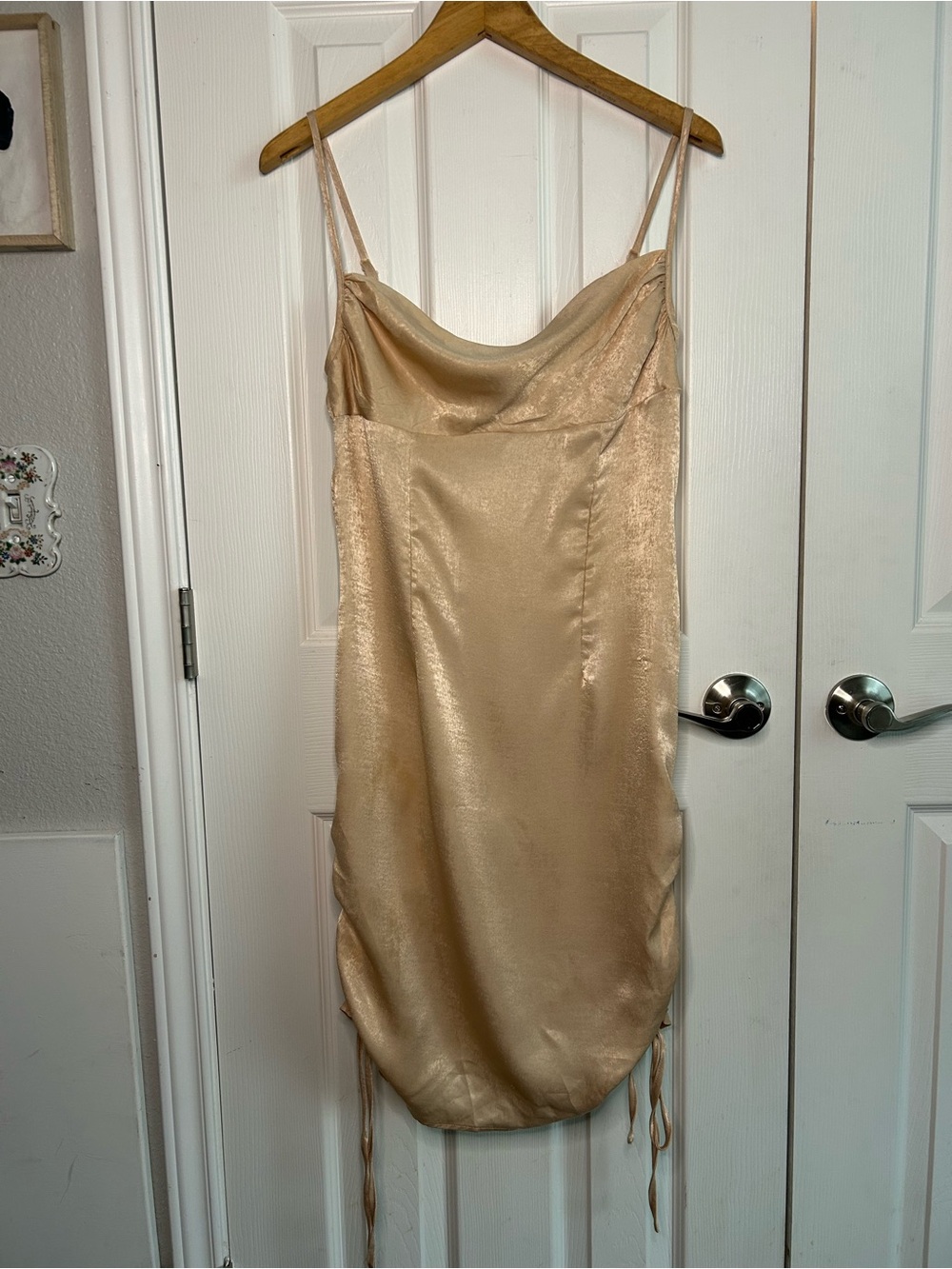 PrettyLittleThing champagne form fitting side cinched dress